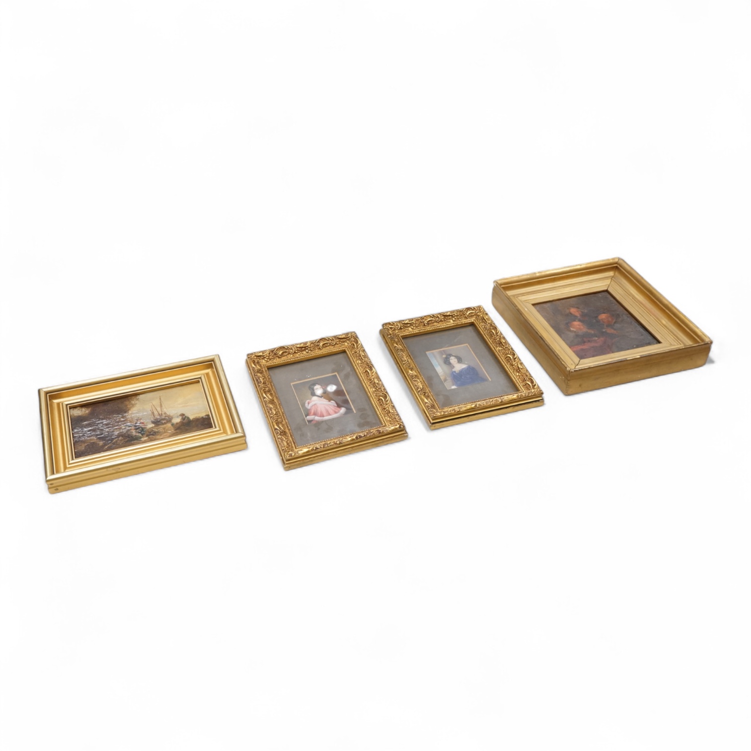 A. Warner, 19th century, English School, oil on board, 'Fisherfolk gutting fish', together with another 19th century oil, Fishermen and a pair of 20th century watercolour portrait miniatures, largest 16 x 14cm.